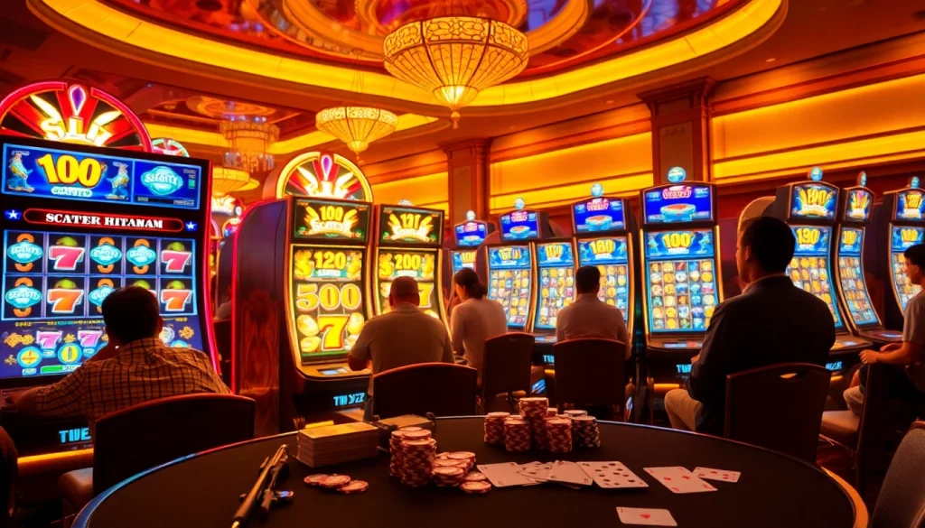 Players enjoying slot scatter hitam at an exciting casino, demonstrating chance and strategy.