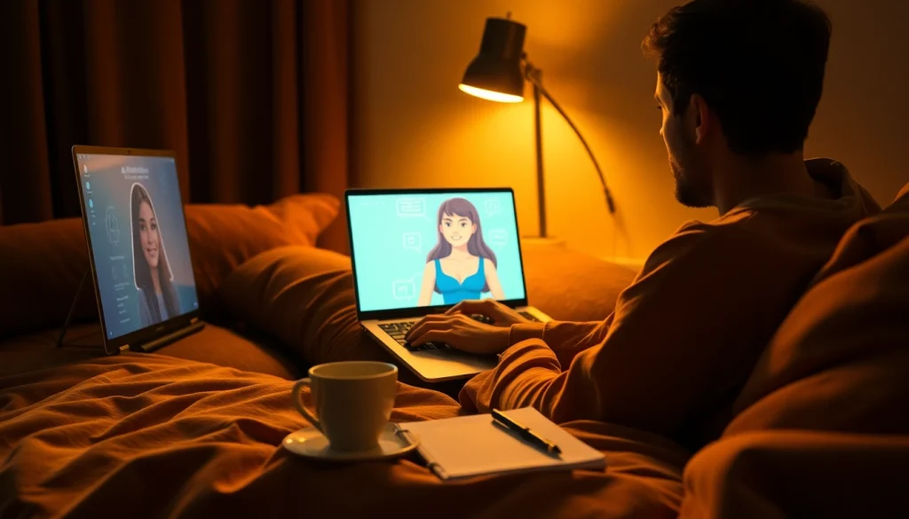 Engaging with an ai girlfriend in a cozy digital space with a glowing laptop.