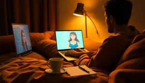 Engaging with an ai girlfriend in a cozy digital space with a glowing laptop.