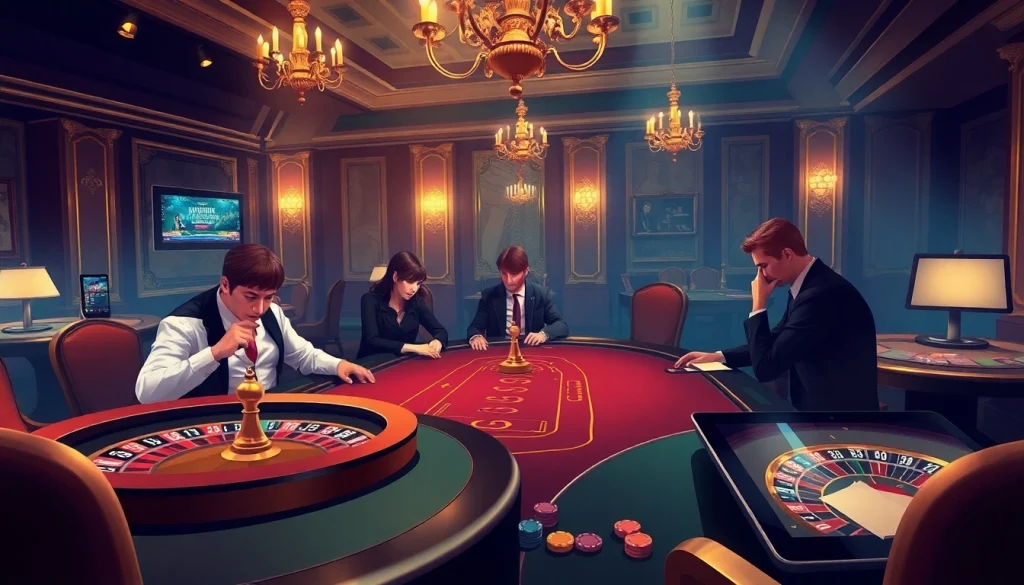 Découvrez l'excitation du meilleur casino en ligne avec des joueurs de poker concentrés à une table luxueuse.