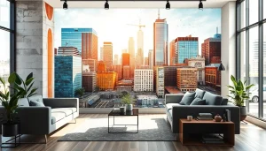 Żywy mural przedstawiający technologię druku ściennego, wzbogacający nowoczesny design wnętrz.