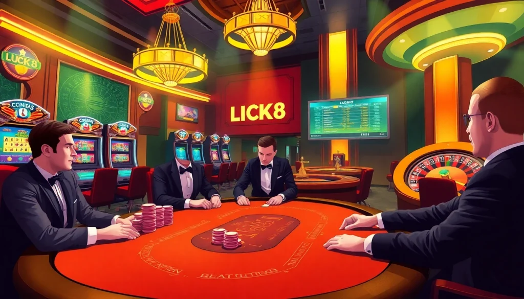 Players enjoy a thrilling game at the LUCK8 casino table, showcasing luxury and excitement.