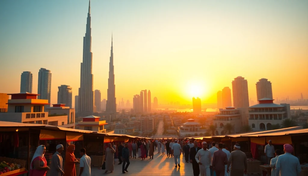 Capture of the vibrant marketplace in Dubai City, showcasing local culture and stunning skyscrapers at sunset.