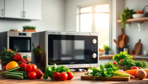 Effortlessly cooking with a sleek Microwave Oven surrounded by fresh ingredients in a vibrant kitchen.