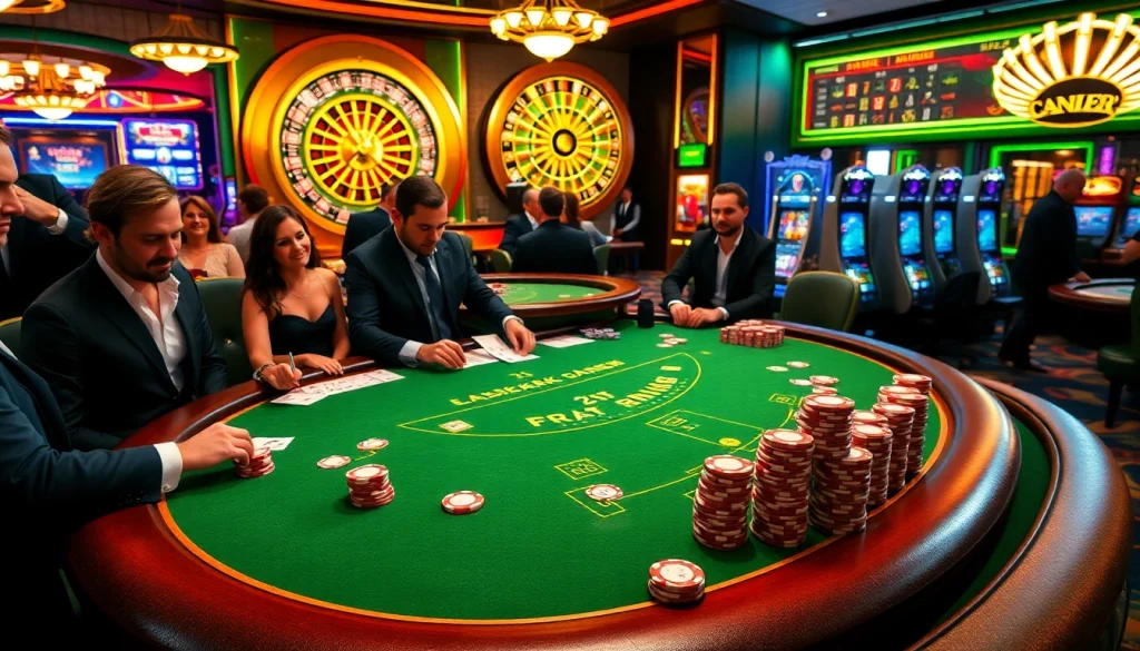 Experience exciting gameplay with layarkaca21, featuring a luxurious casino scene of players at the blackjack table.