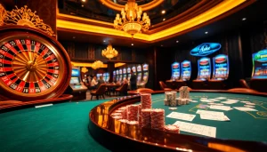 Découvrez l'excitation du meilleur casino en ligne avec des roues de roulette et des jetons de poker élégants.