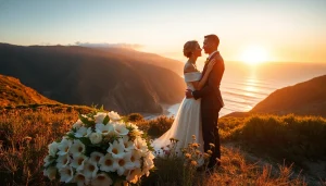 Capturing a romantic moment, Big Sur wedding photographer beautifully showcases a couple against a stunning sunset backdrop.