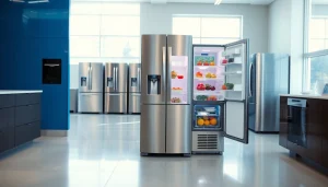 Showcase of refrigerator sales with a sleek stainless steel model and organized interior.