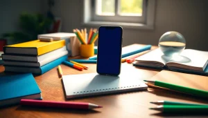 Handytasche Schule auf einem Schreibtisch mit Schulmaterialien im Hintergrund