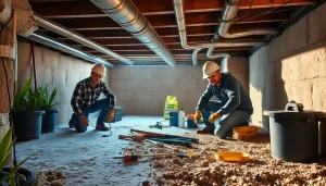Crawl Space Restoration with professionals repairing insulation in a bright residential setting.