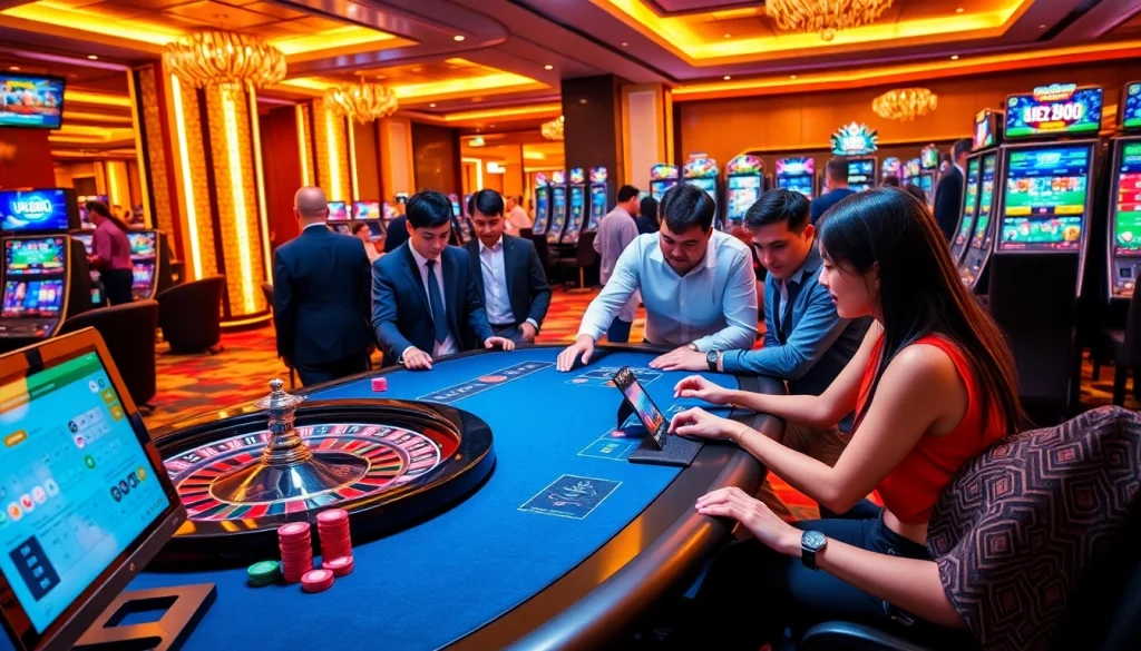 U888 online gamblers enjoying vibrant casino games with poker chips and roulette wheel.