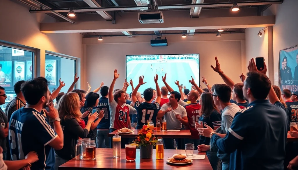 Excited fans enjoying live sports streaming on 토토스토리 with vibrant memorabilia and snacks.