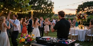 Hochzeit DJ Brandenburg begeistert die Gäste mit mitreißender Musik auf einer eleganten Veranstaltung im Freien.