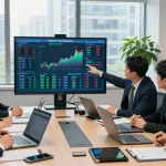 Financial crime intelligence team analyzing risk data in an urban office setting.