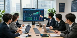 Financial crime intelligence team analyzing risk data in an urban office setting.