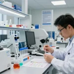 Swiss Chems laboratory scene with scientists analyzing high-purity peptides and SARMs.