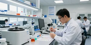 Swiss Chems laboratory scene with scientists analyzing high-purity peptides and SARMs.