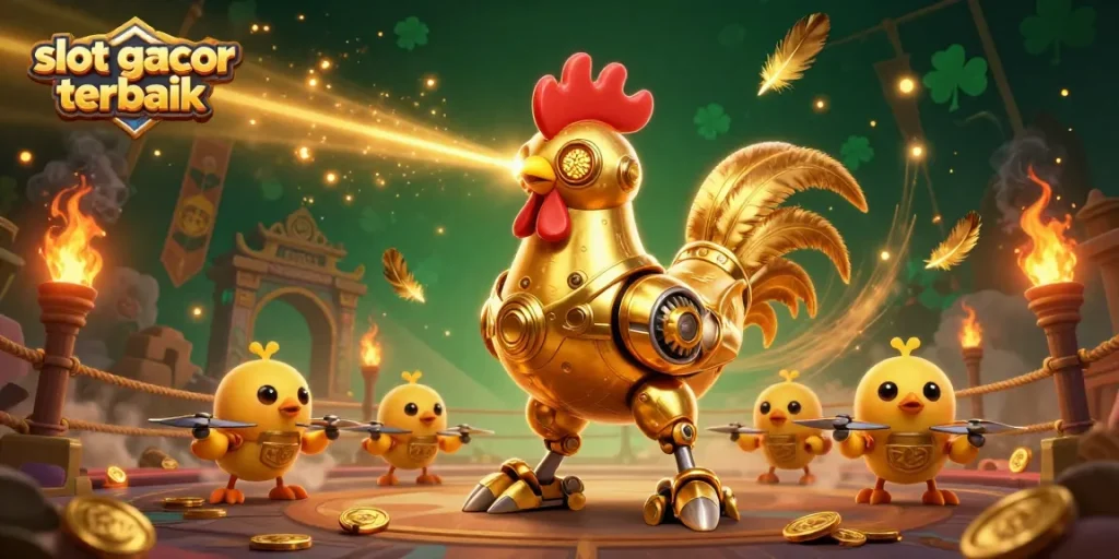 Menyaksikan slot gacor terbaik dengan robot ayam emas futuristik yang menembakkan pola emas