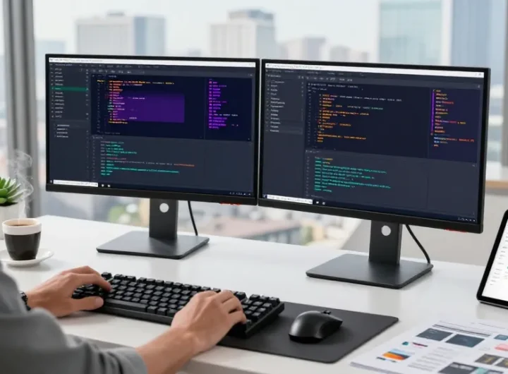Desarrollador de software trabajando en su escritorio con código en pantallas y café, etb pse visible.