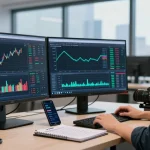 Trader using mt4 with multiple monitors and charts in a modern office
