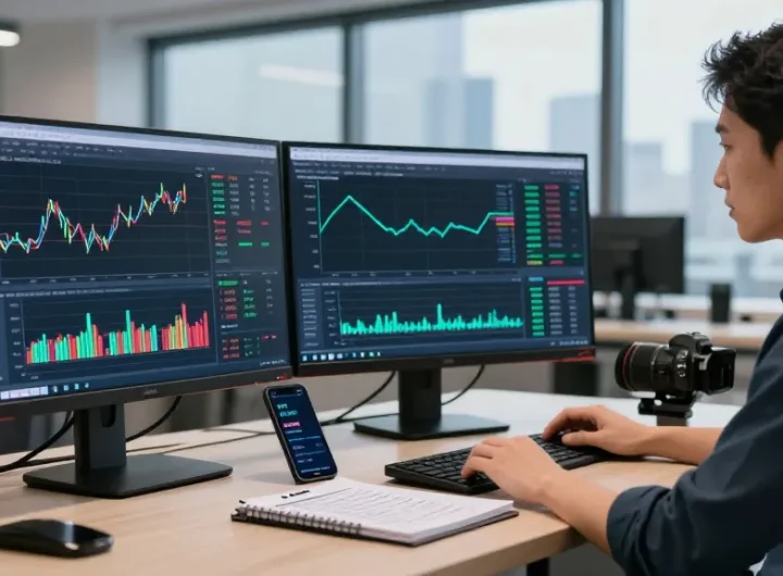 Trader using mt4 with multiple monitors and charts in a modern office