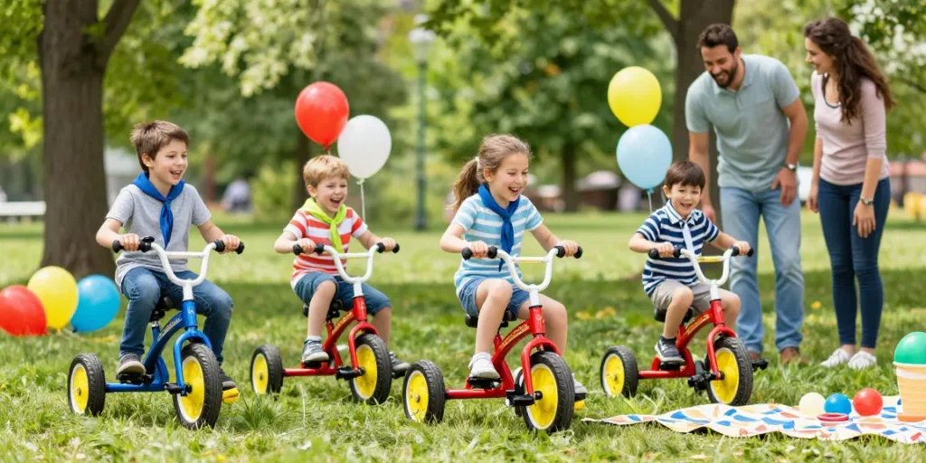 Kids joyfully riding the best kids tricycles in a sunny park, showcasing colorful designs and outdoor fun.