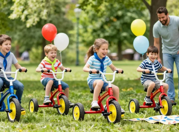 Kids joyfully riding the best kids tricycles in a sunny park, showcasing colorful designs and outdoor fun.