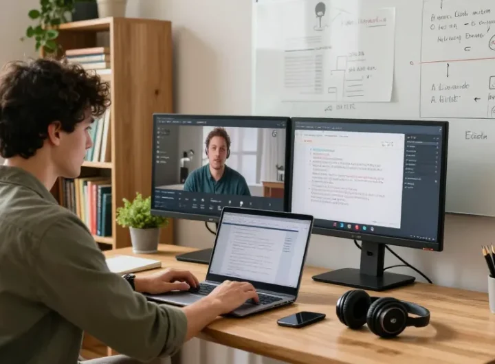 Online learning environment at https://factors.org.uk with student engaged in virtual class.