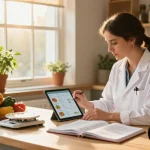 Nutritionist analyzing data on best food tracker in vibrant kitchen