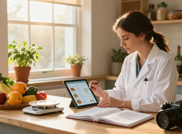 Nutritionist analyzing data on best food tracker in vibrant kitchen