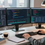 MetaTrader 5 platform in a bustling trading workspace with live charts and analytics.