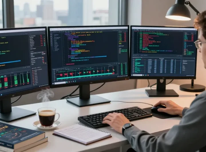 MetaTrader 5 platform in a bustling trading workspace with live charts and analytics.